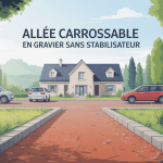 Illustration allée carrossable gravier sans stabilisateur devant maison