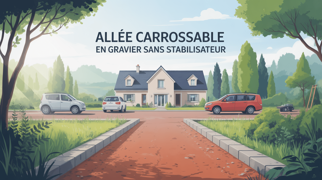 Illustration allée carrossable gravier sans stabilisateur devant maison