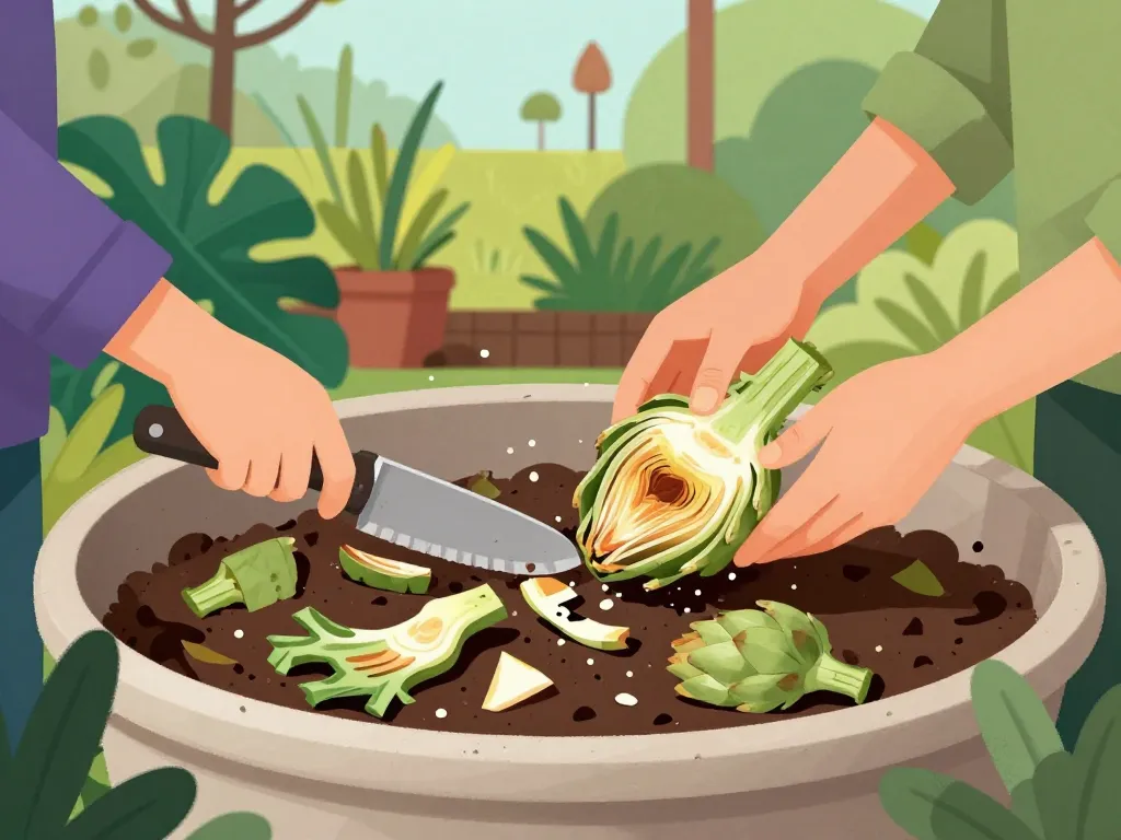 artichaut compost main coupant feuilles dans composteur