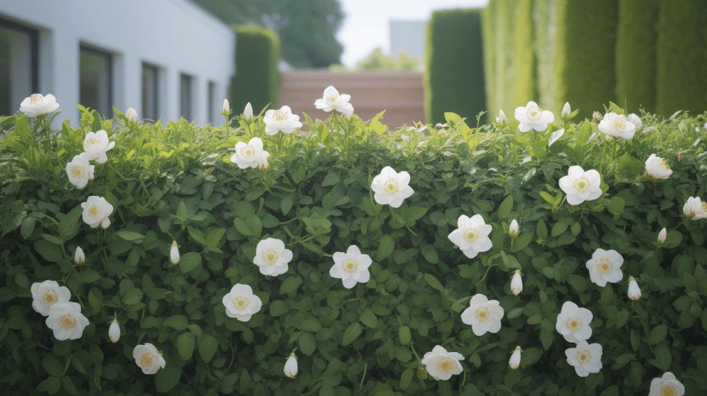jasmin étoilé brise-vue en pleine floraison sur clôture