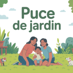 Illustration famille et animaux dans jardin sans puces
