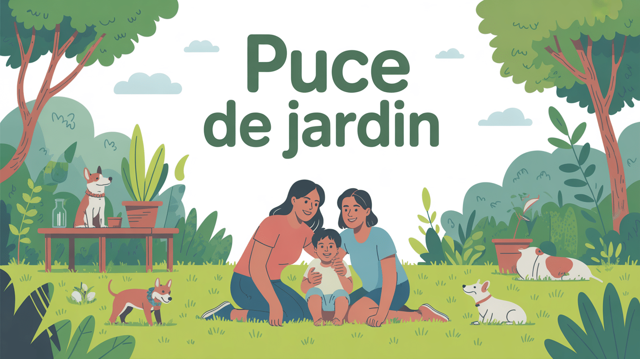 Illustration famille et animaux dans jardin sans puces