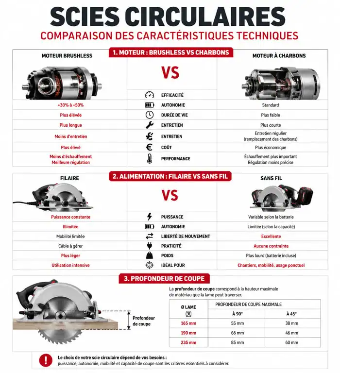 Infographie comparative des critères techniques pour choisir sa scie circulaire
