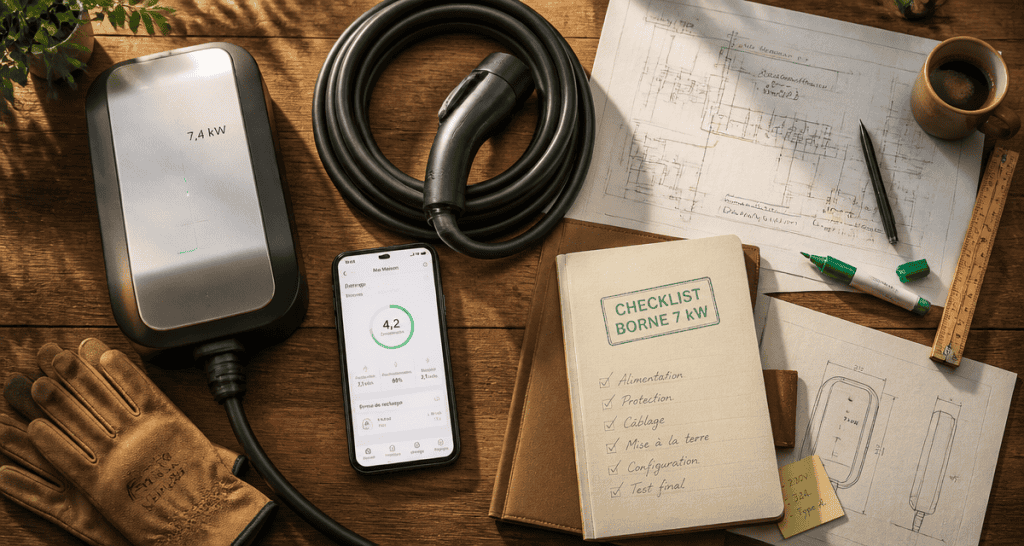 Comparatif borne de recharge 7 kW sur table avec accessoires