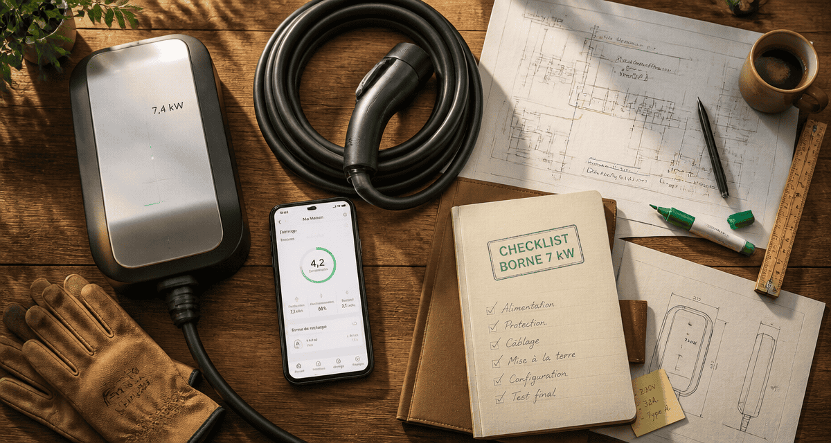 Comparatif borne de recharge 7 kW sur table avec accessoires