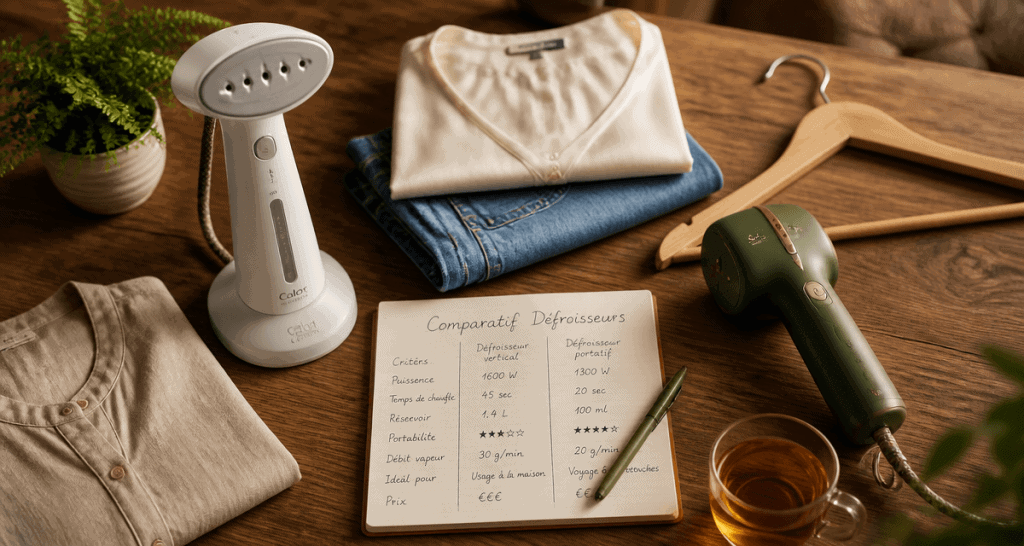 comparatif défroisseur vapeur sur table avec vêtements