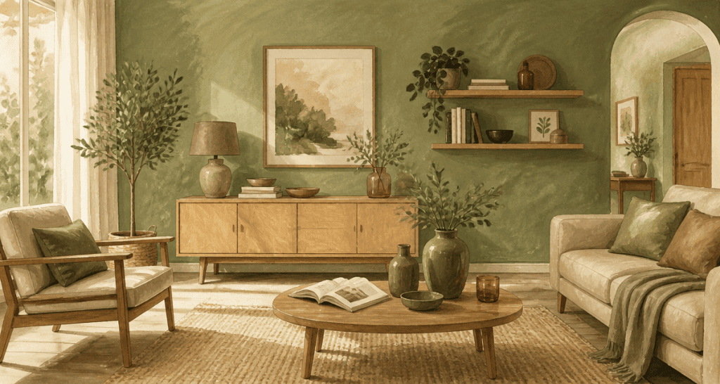 decoration murale vert sauge salon contemporain
