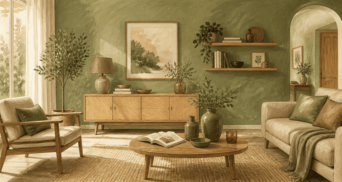 decoration murale vert sauge salon contemporain