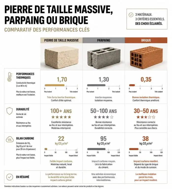 Comparatif des performances entre maison en pierre de taille, parpaing et brique