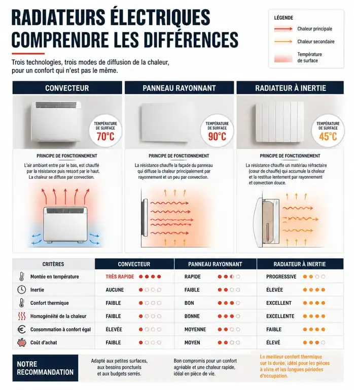 Infographie comparative des technologies de radiateurs électriques pour aider au choix