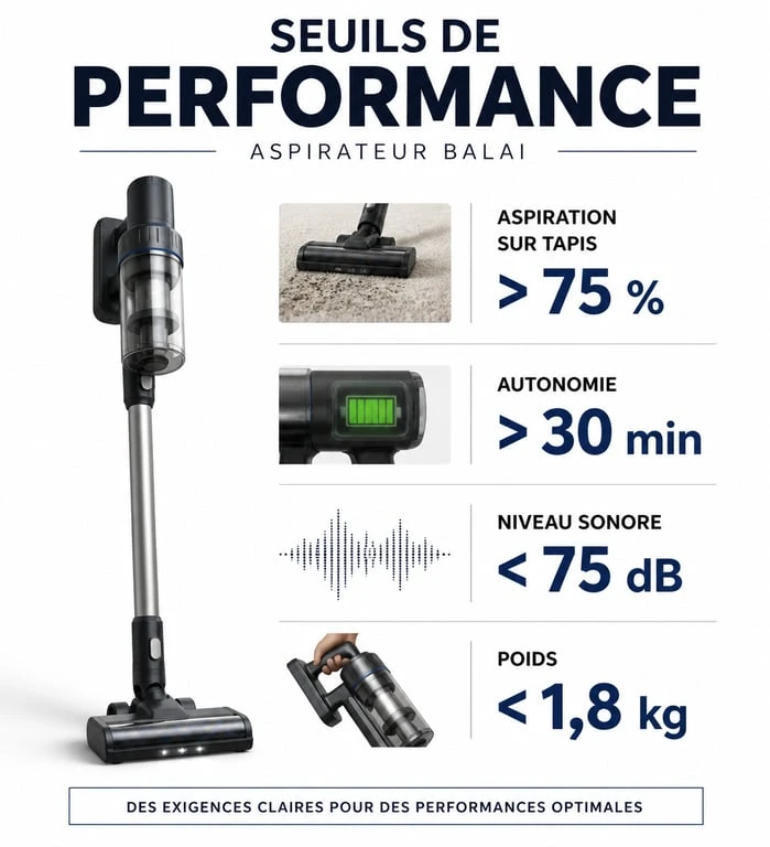 Infographie des critères de performance pour choisir son aspirateur balai selon les tests UFC Que Choisir