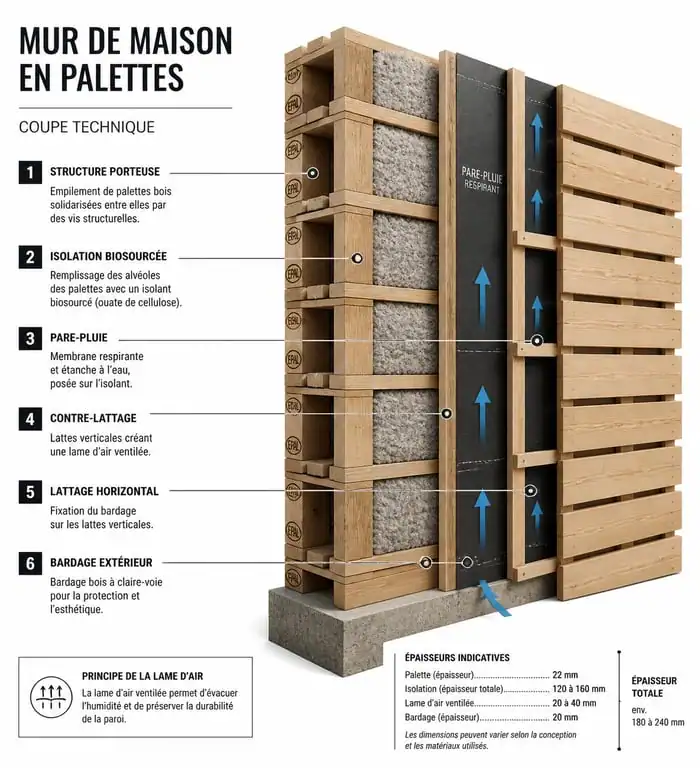 Schéma technique de construction d'un mur de maison en palettes avec isolation et bardage