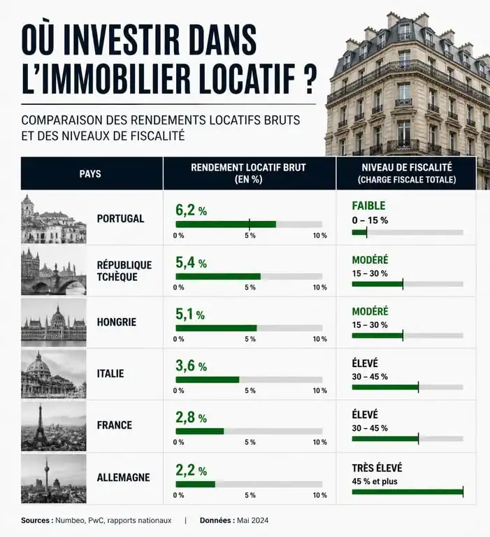Infographie comparative des rendements et fiscalité pour investir à l'étranger dans l'immobilier