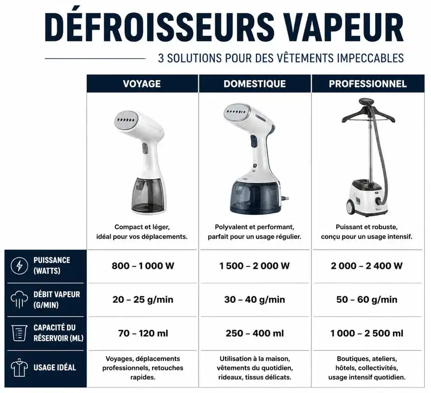 Comparatif des caractéristiques techniques des défroisseurs vapeur : modèle voyage, domestique et professionnel.