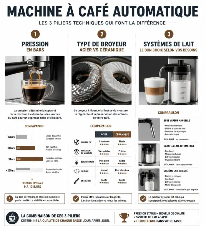 Infographie comparative des critères techniques pour choisir sa machine à café automatique