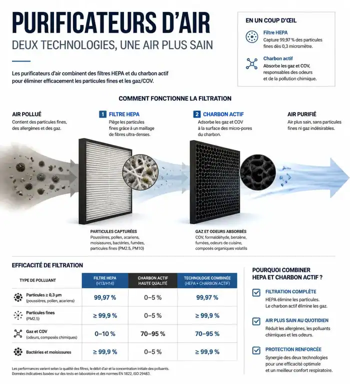 Infographie sur l'efficacité des filtres HEPA et charbon actif pour purificateur d'air