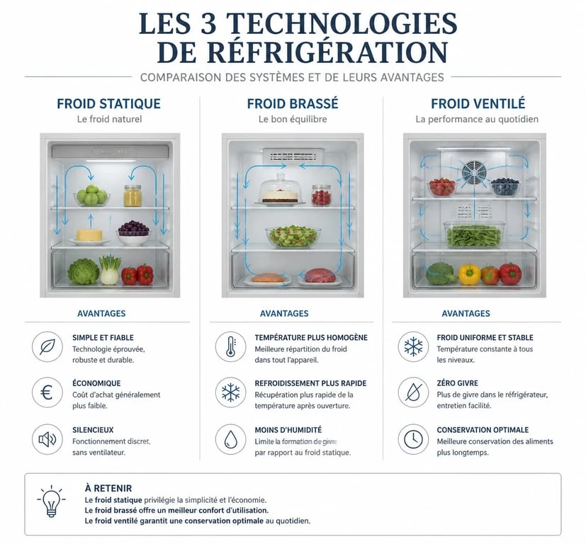 Comparatif des technologies de froid pour réfrigérateur : statique, brassé et ventilé