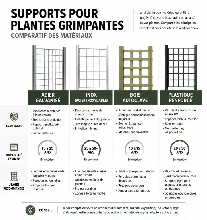 Infographie comparative des matériaux pour support plante grimpante