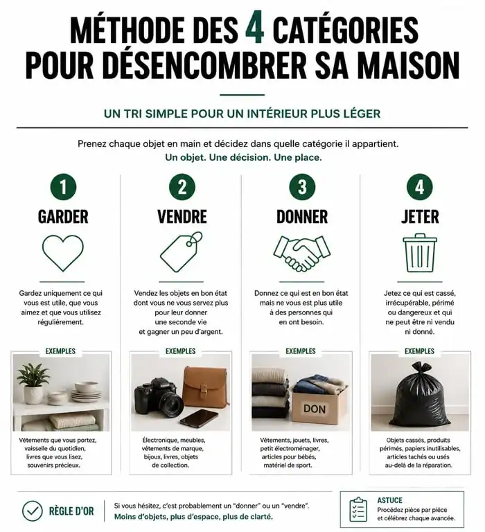 Méthode de tri pour vider une maison : conserver, vendre, donner, jeter