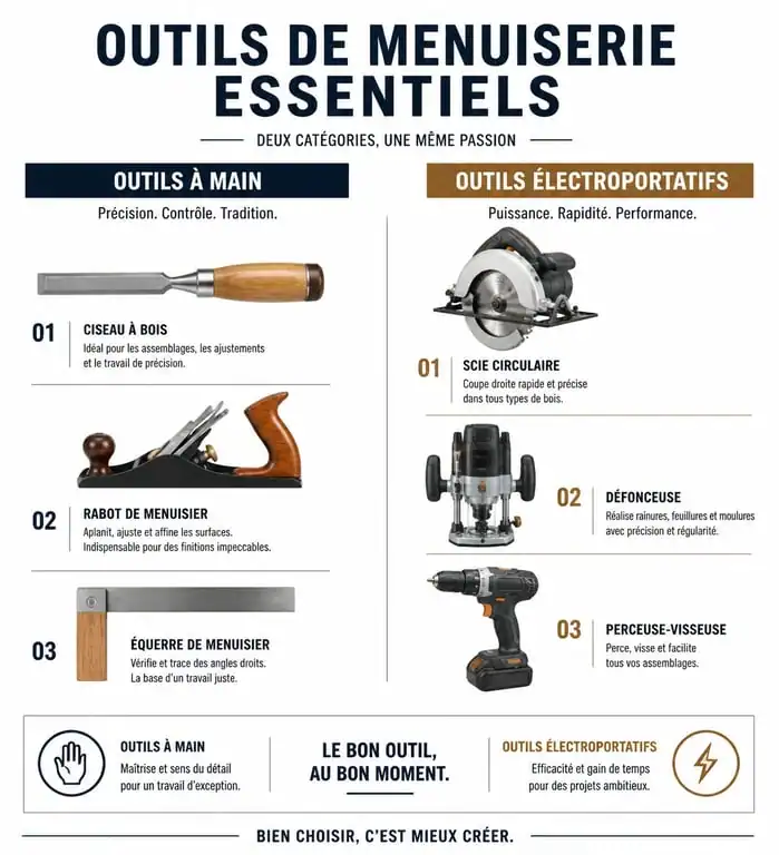 Infographie comparative des outils de menuiserie essentiels pour débutants et professionnels