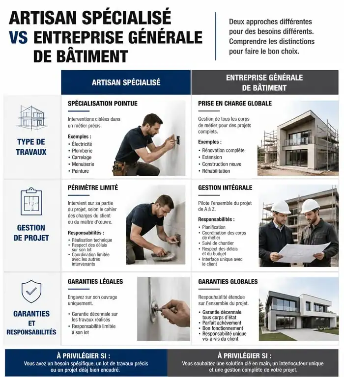 Infographie comparative : artisan spécialisé vs entreprise générale pour vos travaux de bâtiment