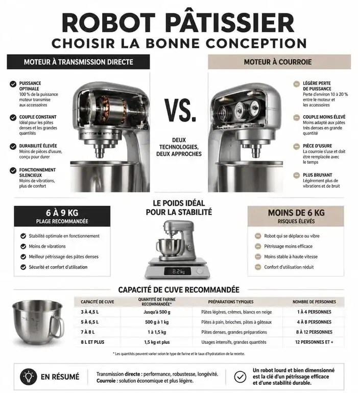 Infographie comparative des critères techniques pour choisir le meilleur robot pâtissier