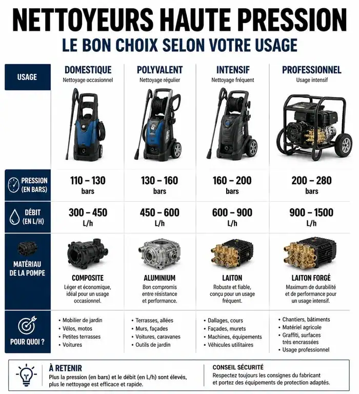 Infographie comparative des nettoyeurs haute pression : pression, débit et matériaux de pompe selon l'usage.