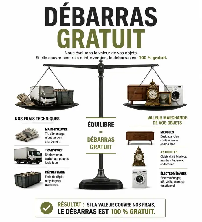 Infographie expliquant le fonctionnement du débarras de maison gratuit par compensation