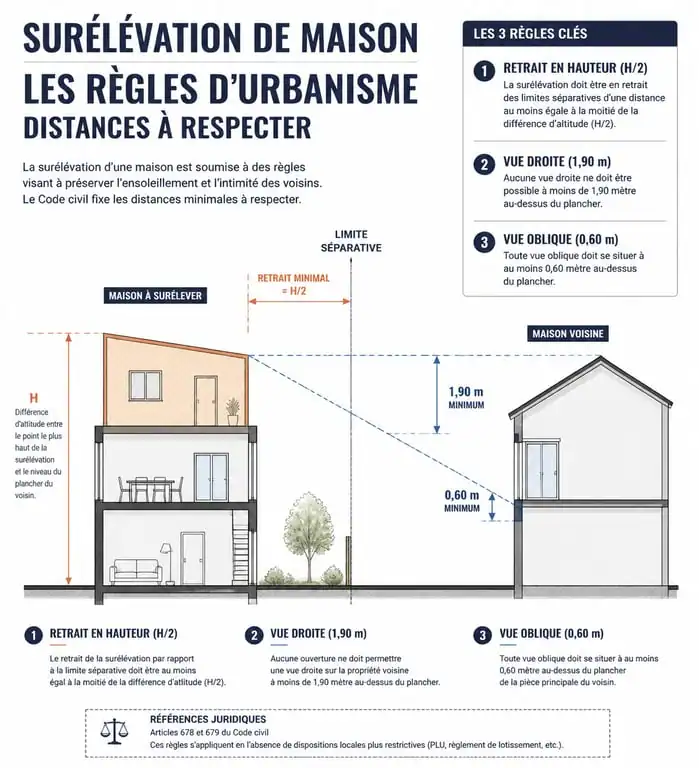 Schéma des règles d'urbanisme et distances légales pour un projet de surélévation de maison et voisinage