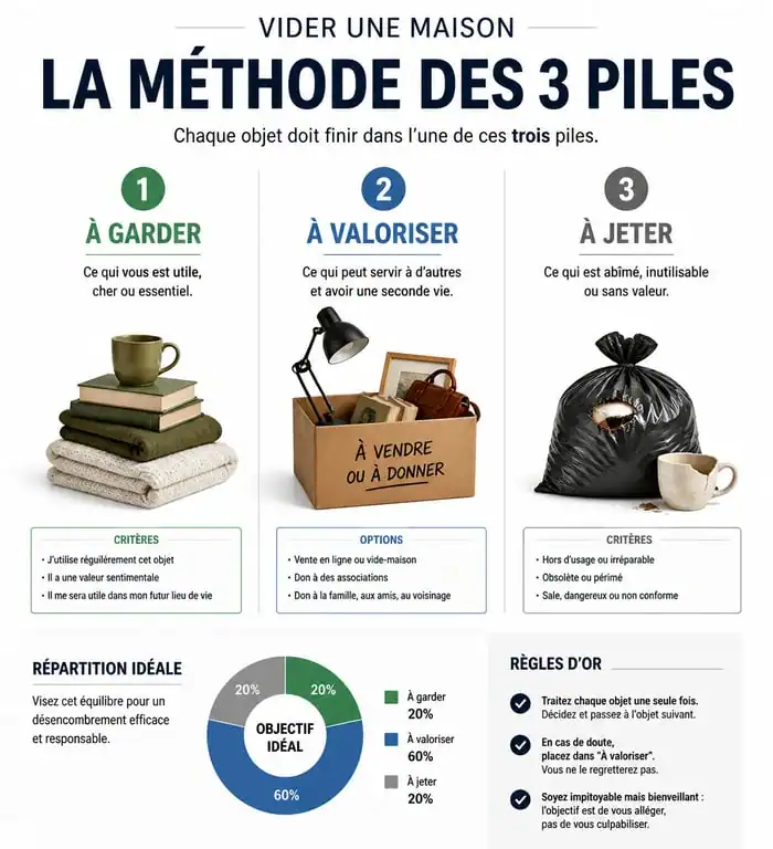 Infographie de la méthode des trois piles pour vider une maison : trier, donner, vendre et jeter efficacement.