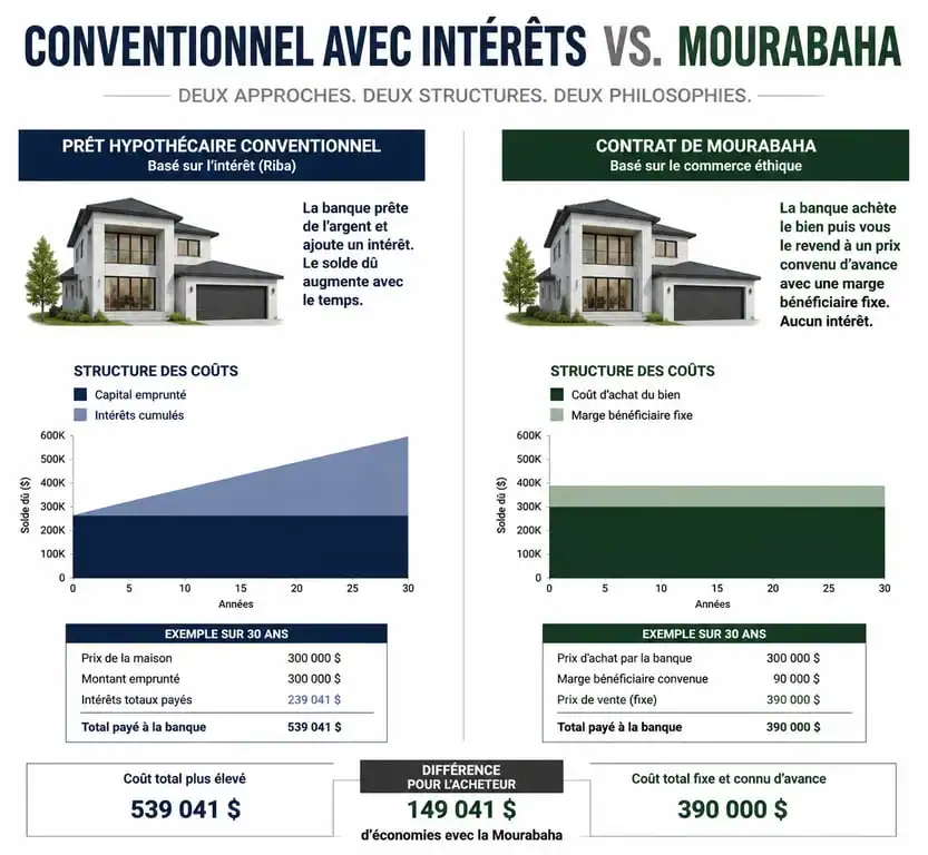 Comparatif visuel entre crédit immobilier classique et Mourabaha pour l'achat d'un bien immobilier halal