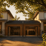 Maison mitoyenne par le garage avec garages accolés au coucher du soleil