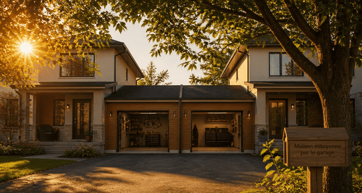 Maison mitoyenne par le garage avec garages accolés au coucher du soleil