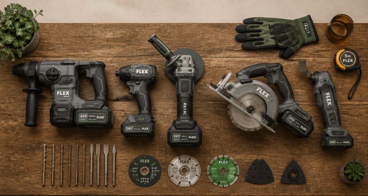 outillage portatif aligné sur établi, 5 outils modernes