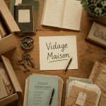 Vidage maison : cartons, objets à trier sur table