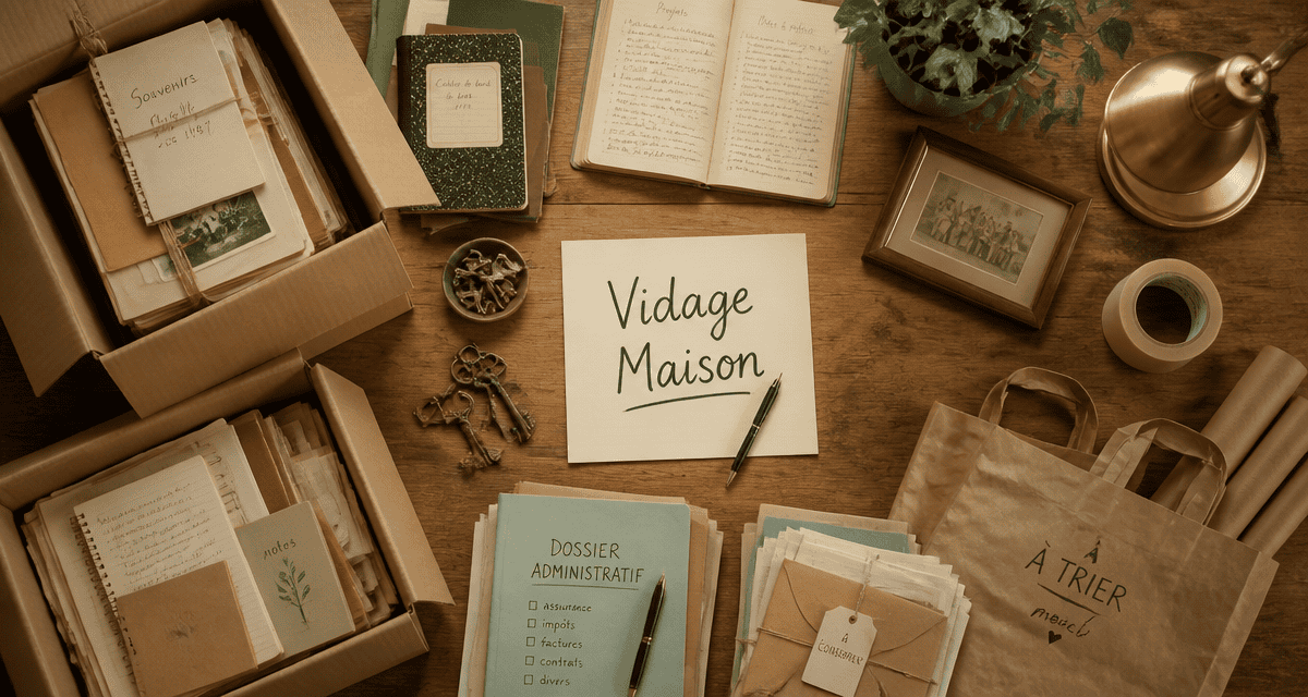Vidage maison : cartons, objets à trier sur table