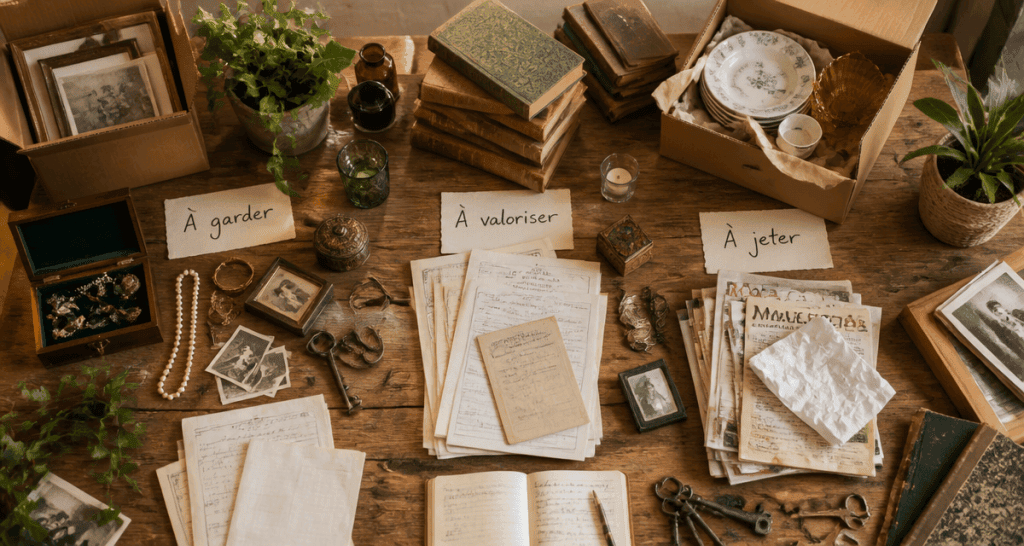 vider une maison par où commencer tri 3 piles sur table