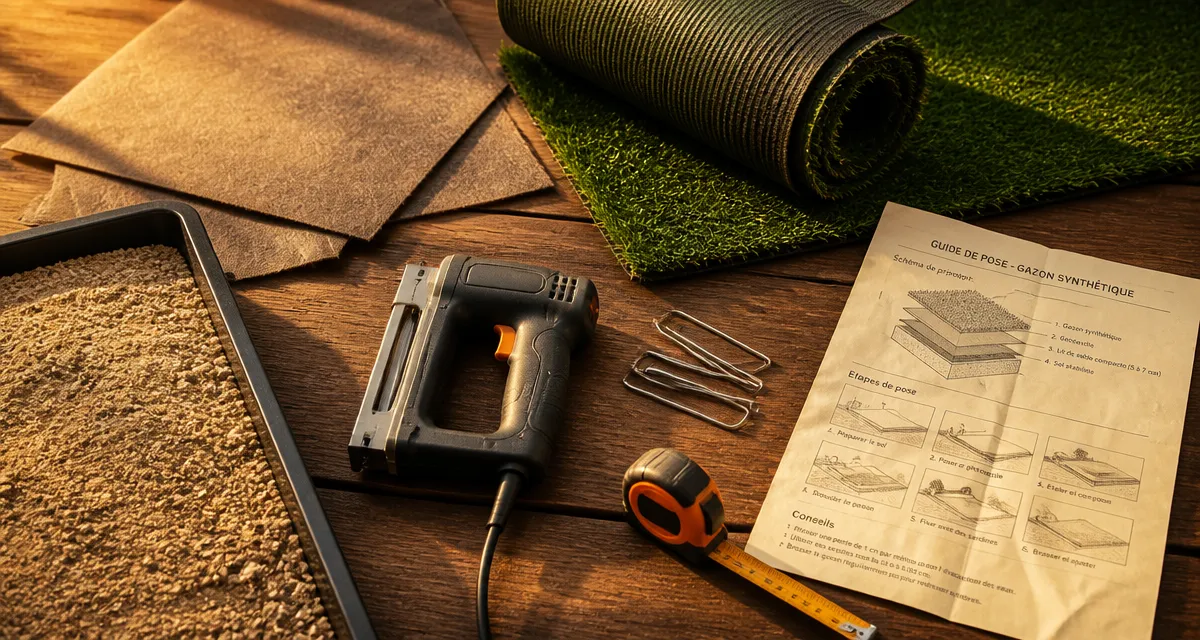 AJ Home vente de gazon synthétique européen : pose du gazon sur géotextile