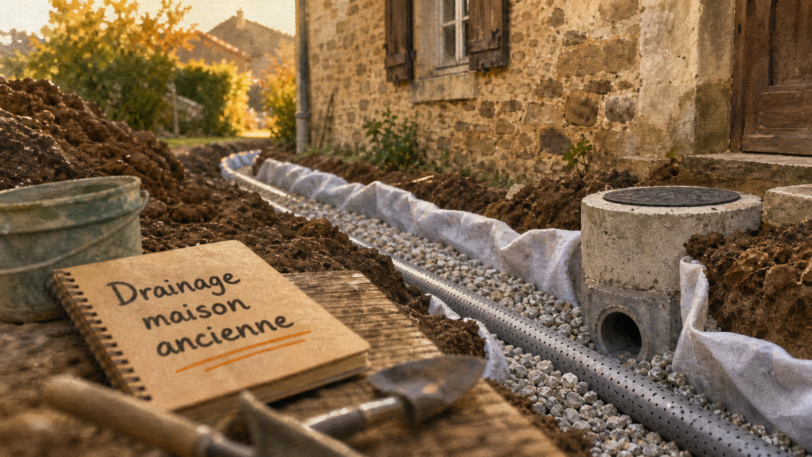 Drainage maison ancienne prix : chantier de drainage périphérique autour d’une maison en pierre