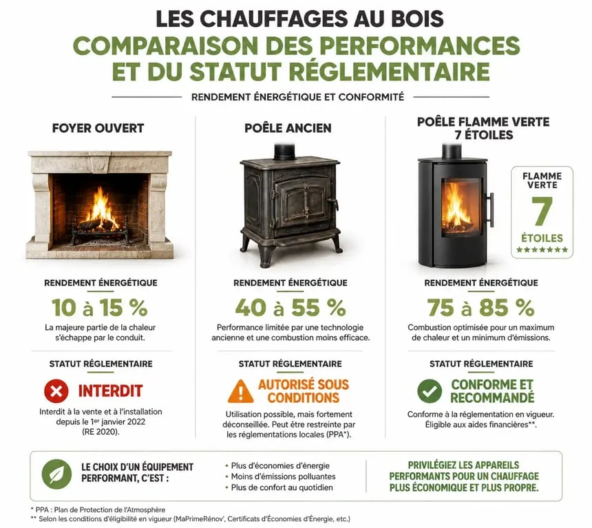 Tableau comparatif des types de chauffage au bois et leur conformité réglementaire pour éviter l'interdiction chauffage au bois.