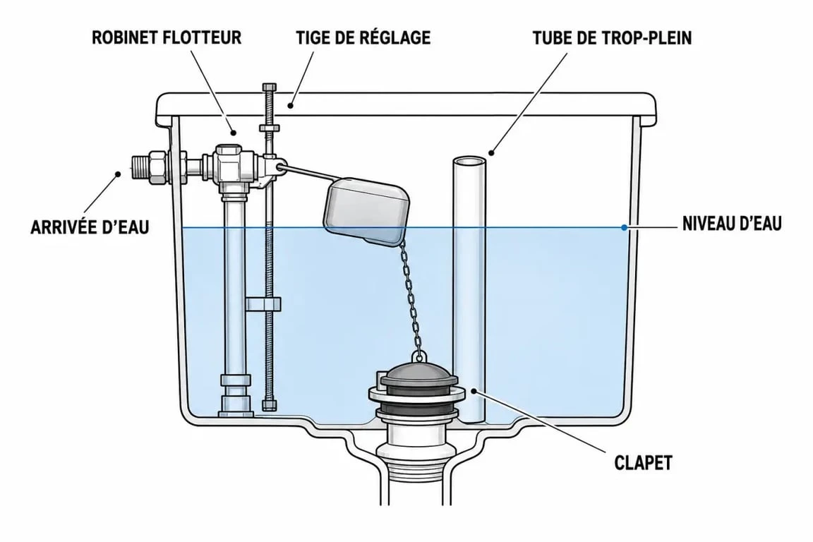Schéma du mécanisme de chasse d'eau pour diagnostiquer une fuite flotteur WC