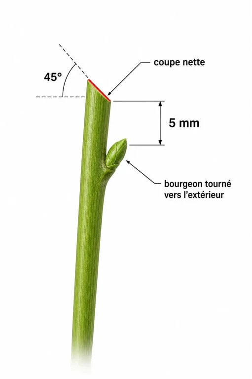 Schéma explicatif montrant comment tailler la verveine citronnelle avec une coupe à 45 degrés pour une bonne cicatrisation.