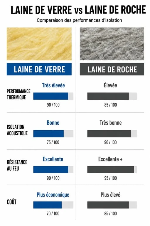 Tableau comparatif illustré : différence entre laine de verre et laine de roche pour l'isolation thermique et acoustique.