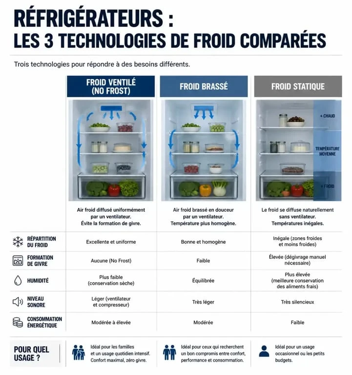 Comparatif des technologies de froid pour réfrigérateur congélateur : No Frost, froid brassé et froid statique.