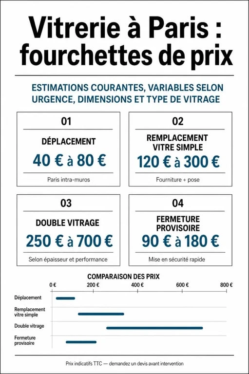 Tableau récapitulatif des tarifs d'un artisan vitrier pas cher à Paris