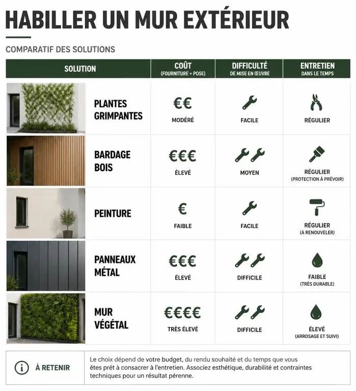 Tableau comparatif des solutions pour cacher un mur extérieur : plantes, bois, peinture et métal