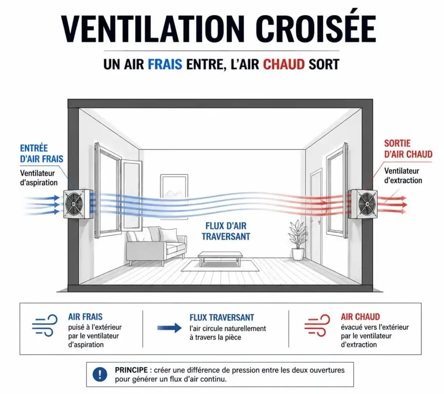 Schéma explicatif de la ventilation croisée pour rafraîchir une pièce avec un ventilateur