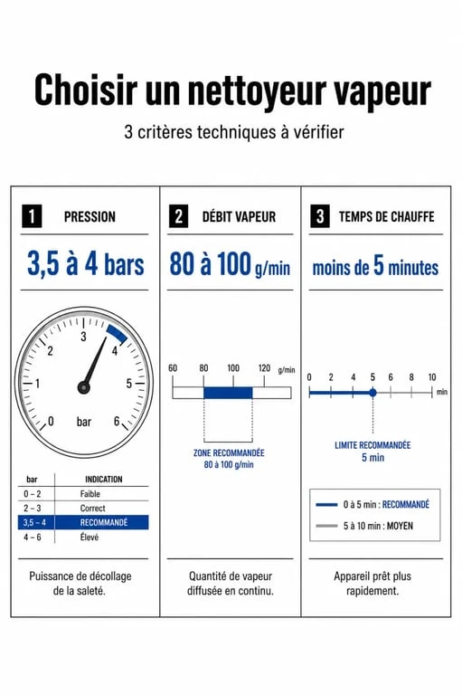 Infographie des critères techniques pour choisir le meilleur nettoyeur vapeur selon les avis d'experts