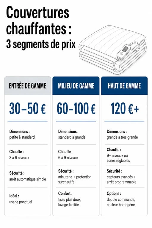 Infographie comparative des prix et fonctionnalités des couvertures chauffantes