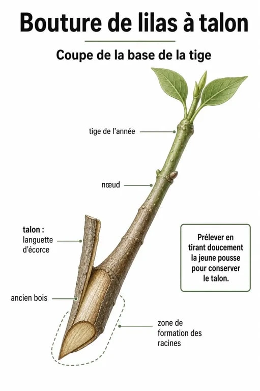 Schéma explicatif de la technique de bouture à talon pour le lilas